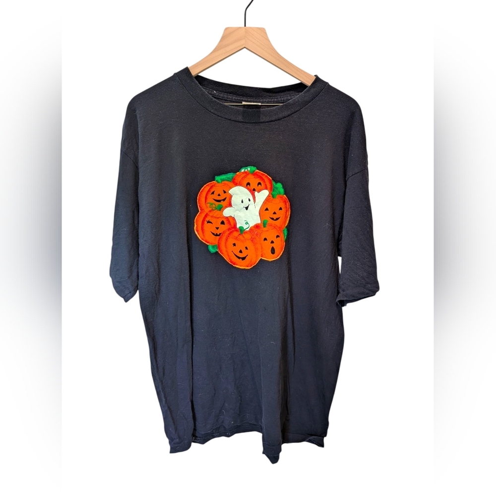 Vintage 90s Fiore Halloween Tee XL Pumpkin Ghost Applique Oversized Black Grunge